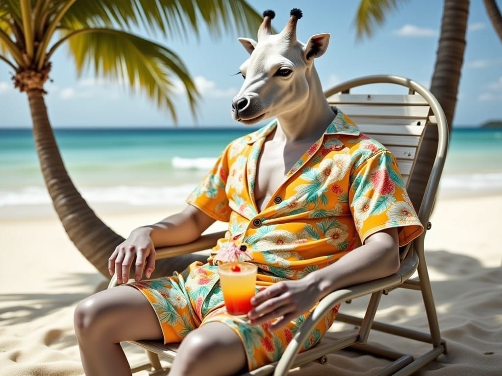 Giraffe-Polar Bear Hybrid Enjoys Tropical Beach Day