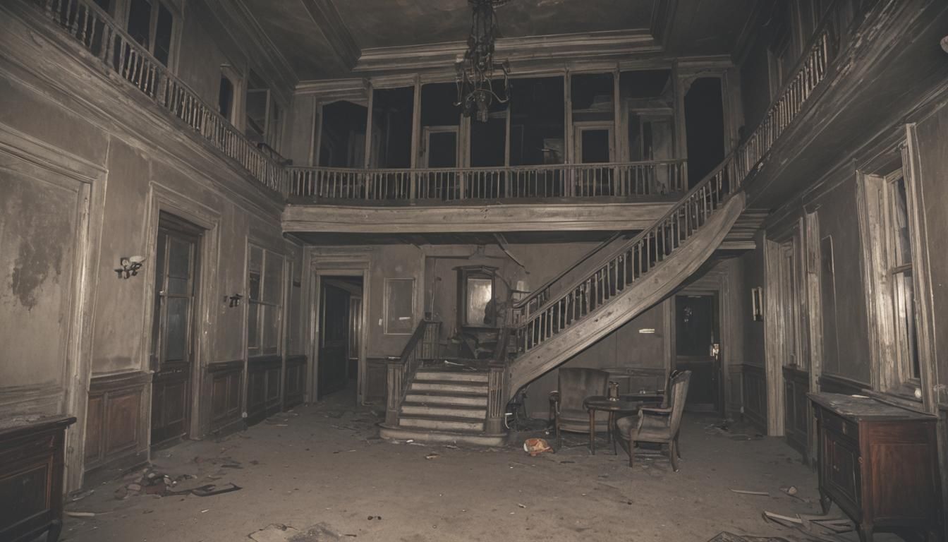 Creepy Haunted House with Eerie Lighting at Night