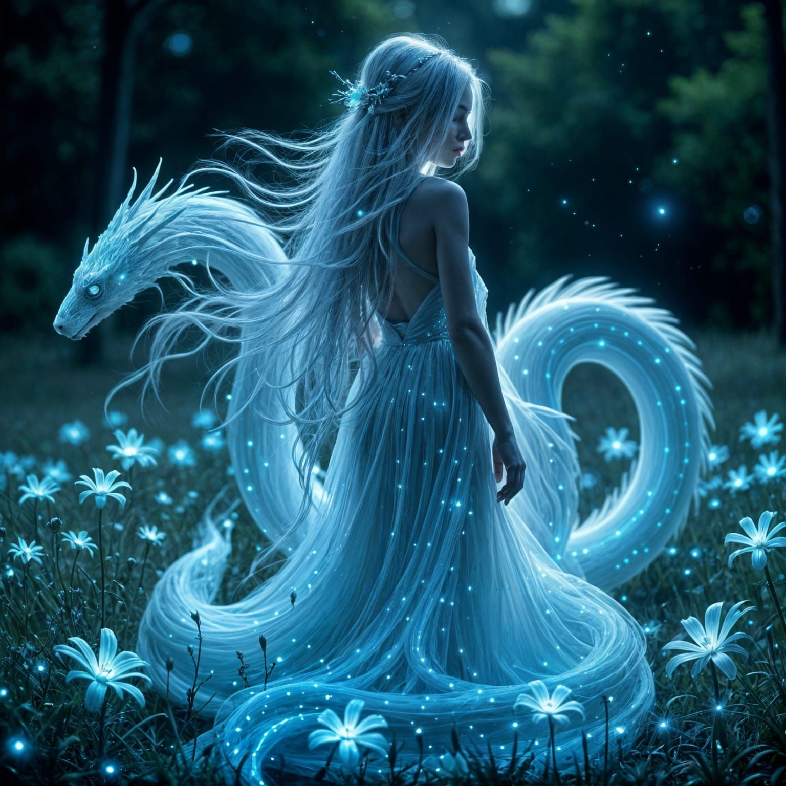 Ethereal Woman with Serpent in Bioluminescent Field