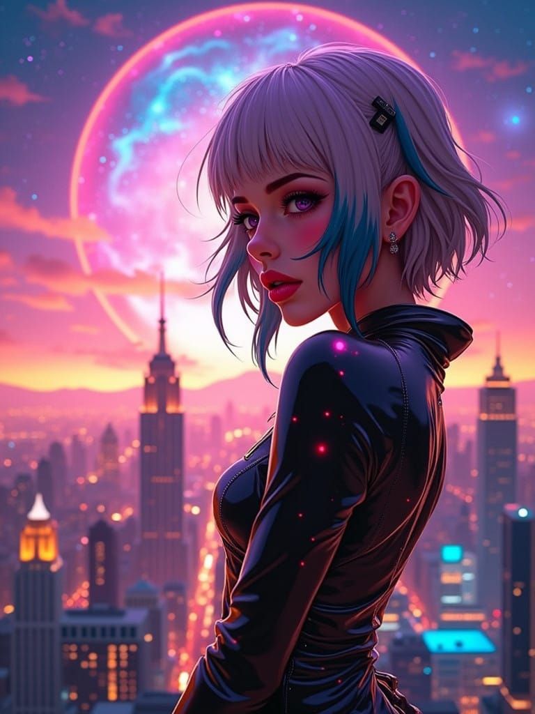 Surreal Cyberpunk Portrait of Cyberpunk Girl Under Night Cit...