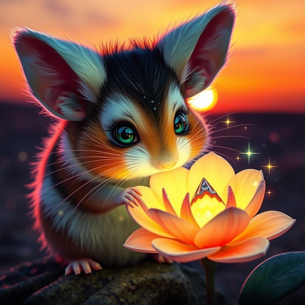 Magical Hamster Sniffing Glowing Flower at Sunset