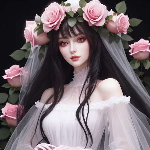 Girl Surrounded by Pink Roses in Dark Garden