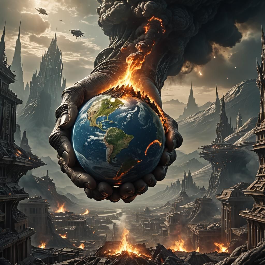 Alien Hand Grips Earth Engulfed in Flames