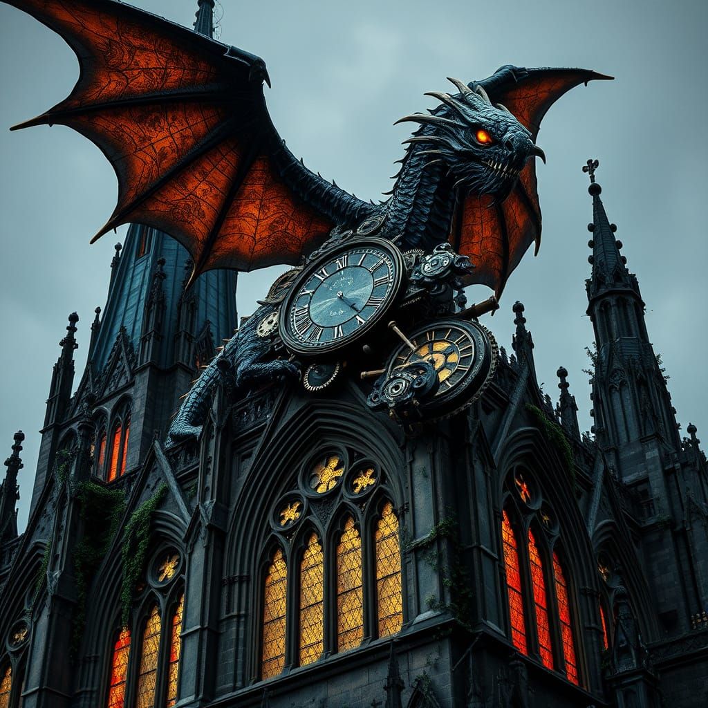 Clockwork Dragon on Gothic Cathedral in Steampunk Style