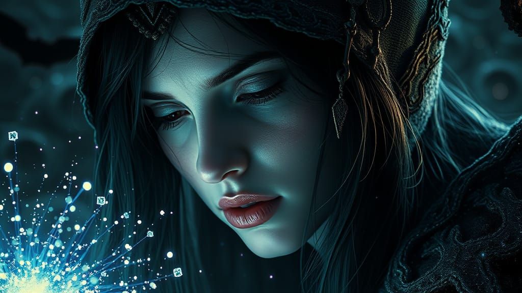 Mystical Sorceress Illuminated by Radiant Particles