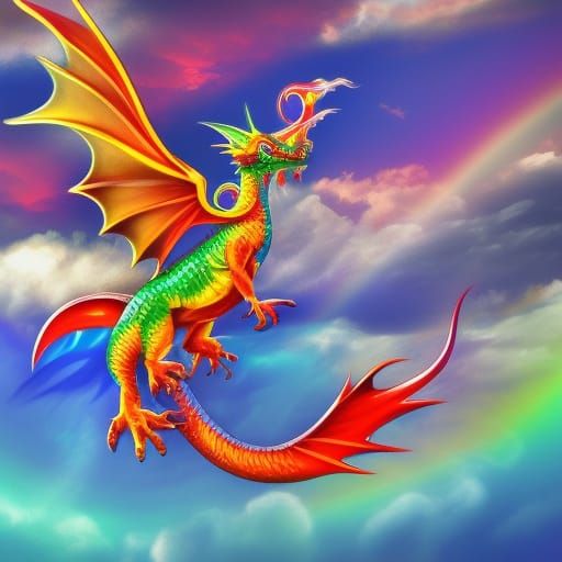 Rainbow Dragon Cub Soaring in Colorful Sky