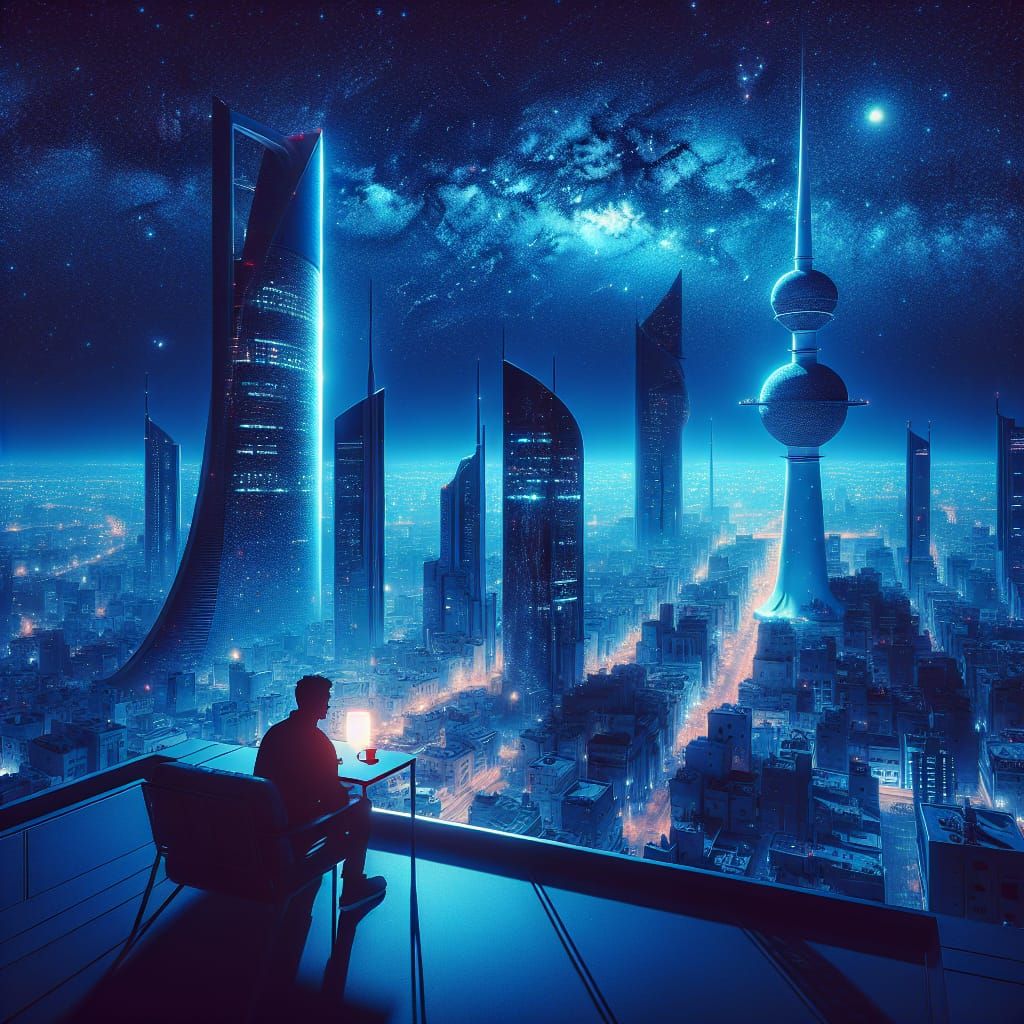 Futuristic Kuwait City at Night in Romanticism Style