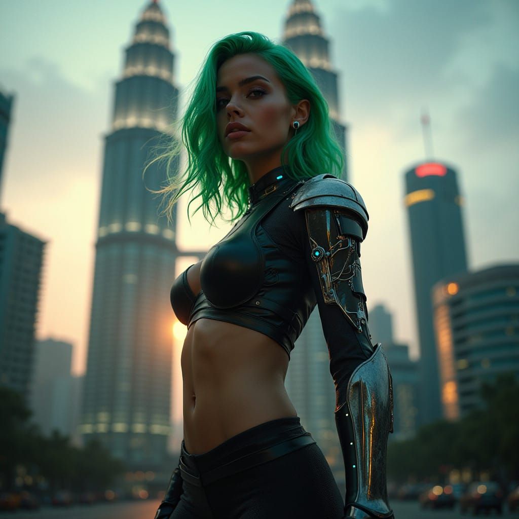 Cyberpunk Warrior Woman Stands Proud Before KLCC Twin Towers