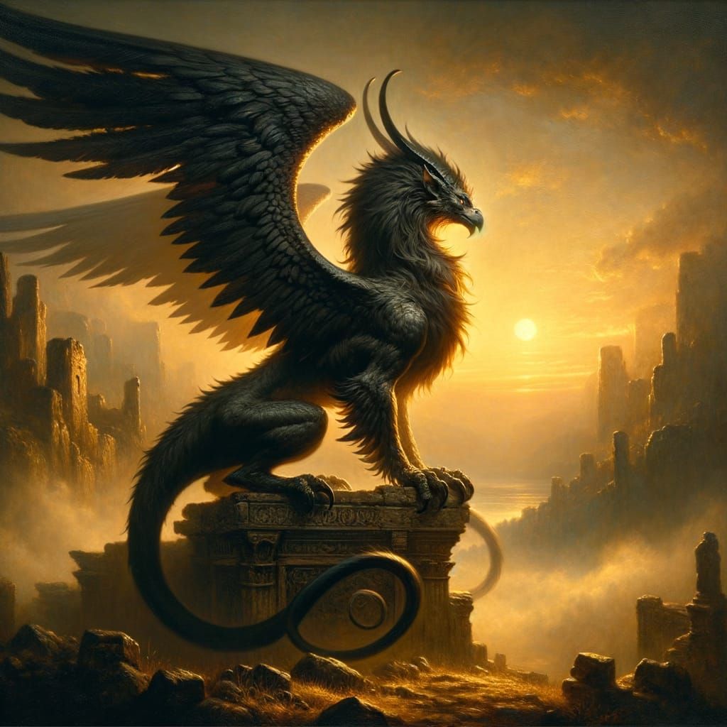 Gryphon on Ruin at Dawn Oil Painting