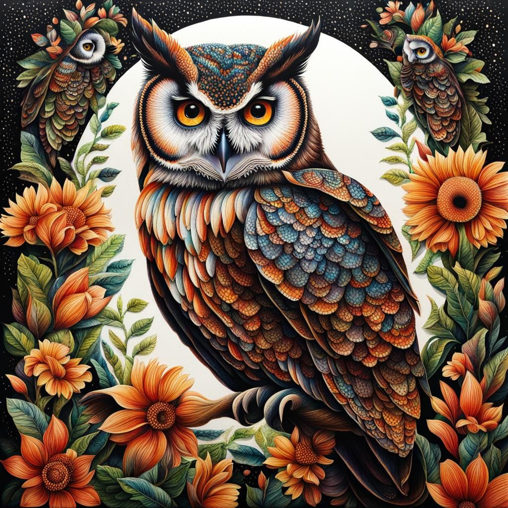 portrait owl  majestic ultradetailed , dot art, fine liner pen, Oxana Zaika