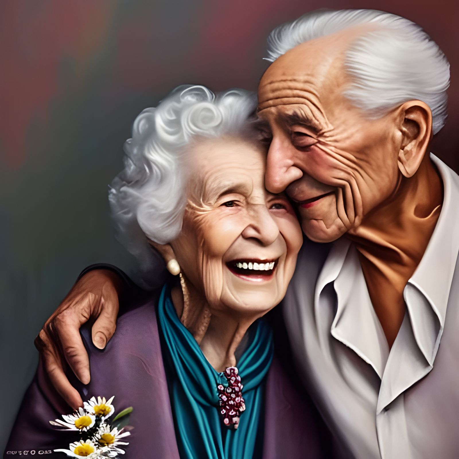 Elderly Couple's Affection: A Daisy Bouquet Portrait