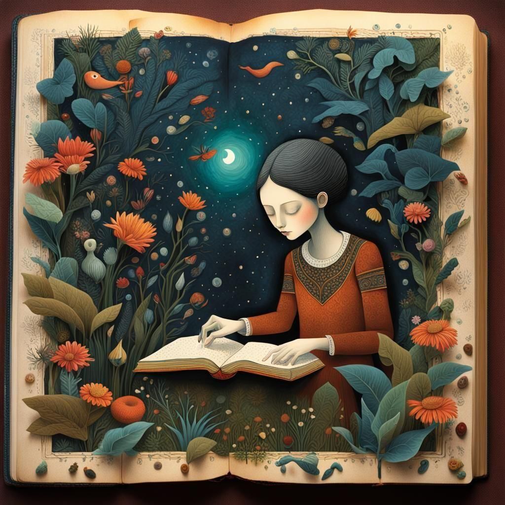 Blind Woman Reads Braille: Gothic Storybook Illustration