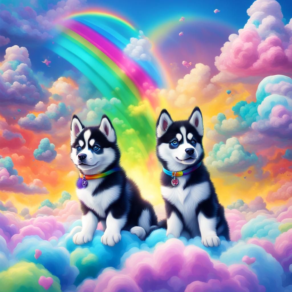 Rainbow Husky Puppies Floating in Clouds