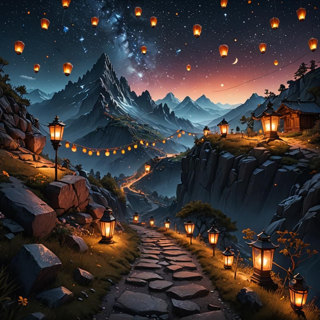 Lantern-Lit Mountain Path Under Starry Sky