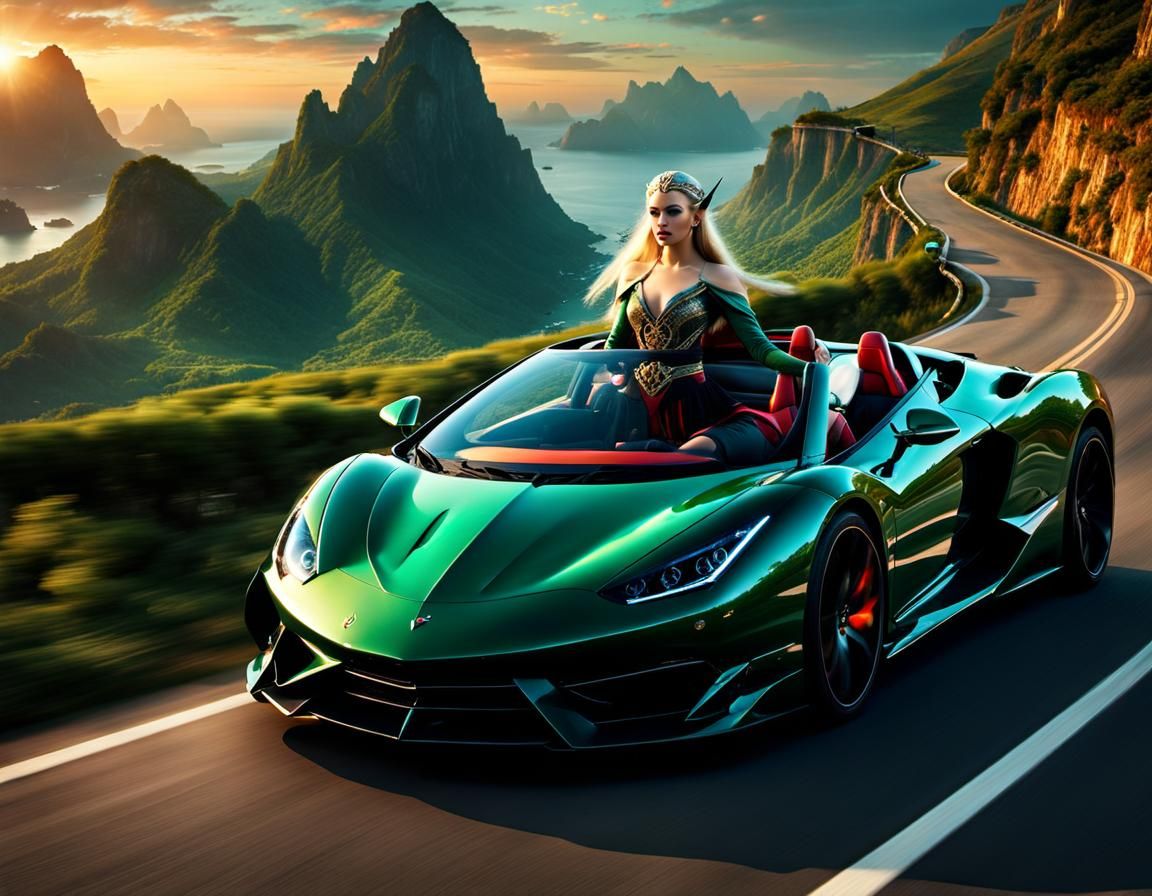 Susurrous elven princess driving an exotic car