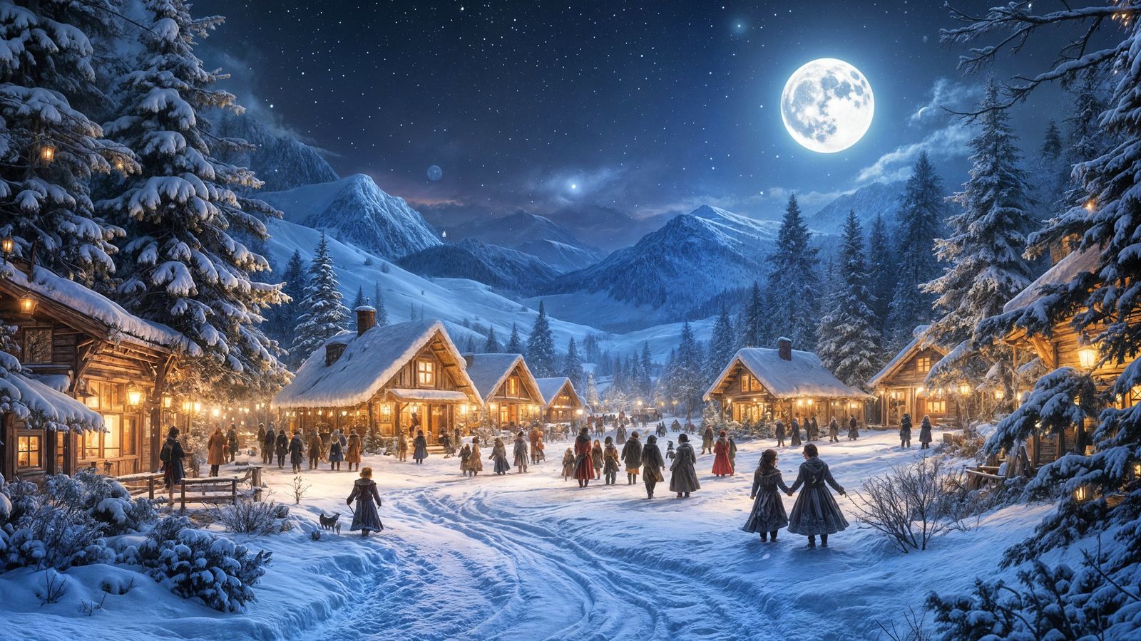 Joyful Pagan Winter Solstice Village Under a Brilliant Moon