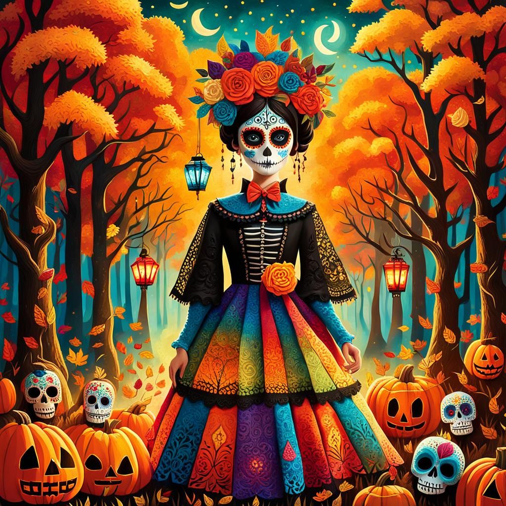 Day of the Dead Celebration in Autumn Forest