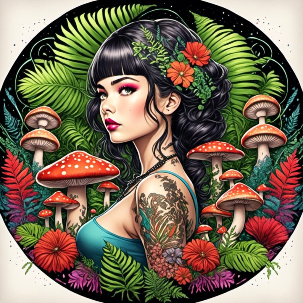 tattooed beauty with black hair on a background of ferns and mushrooms