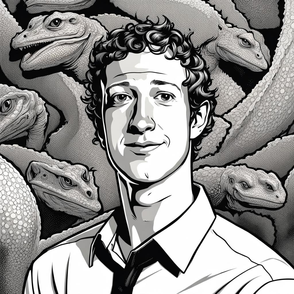 Mark Zuckerberg as Lizard Person in Line Art