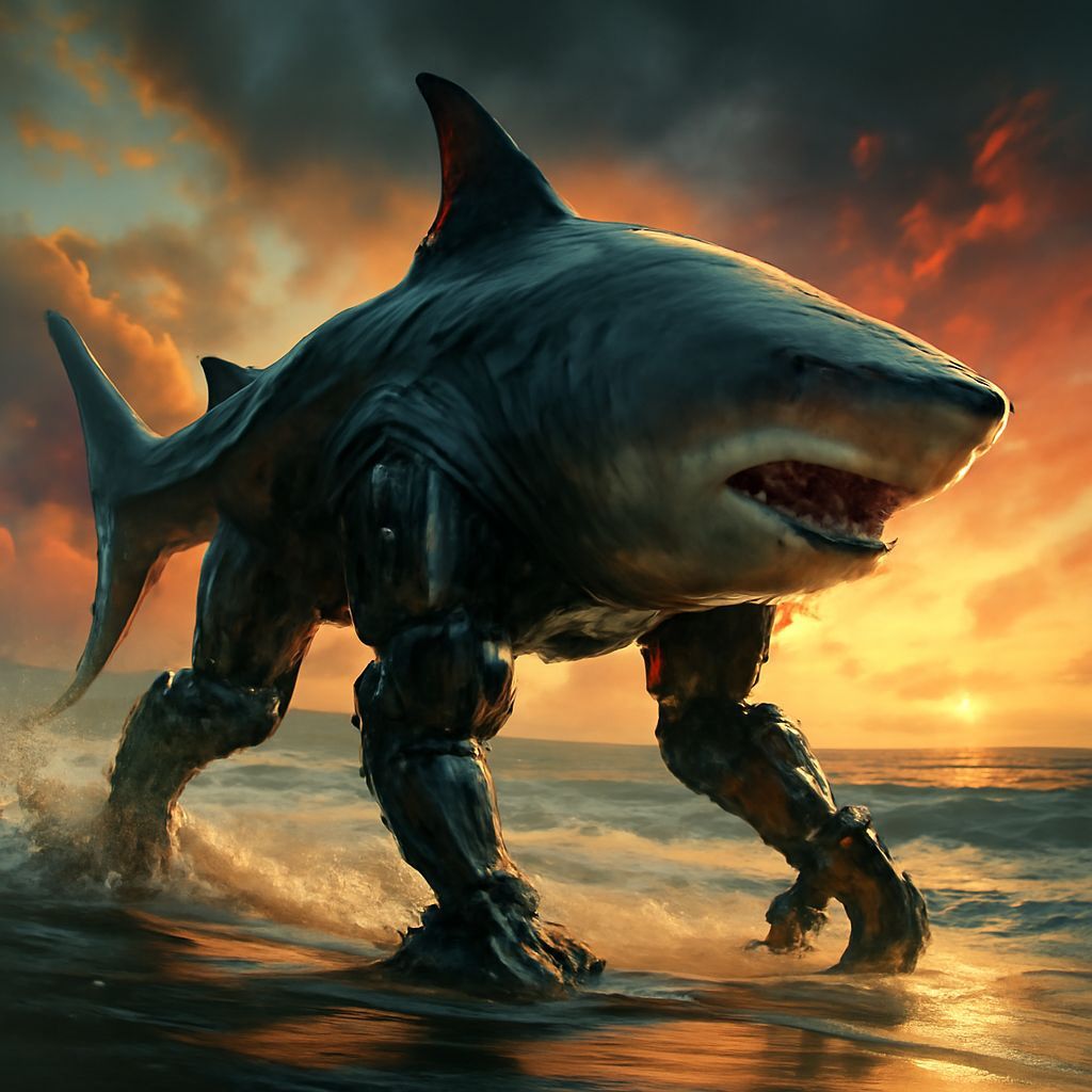 Hyperrealistic Robotic Shark Walking on the Beach