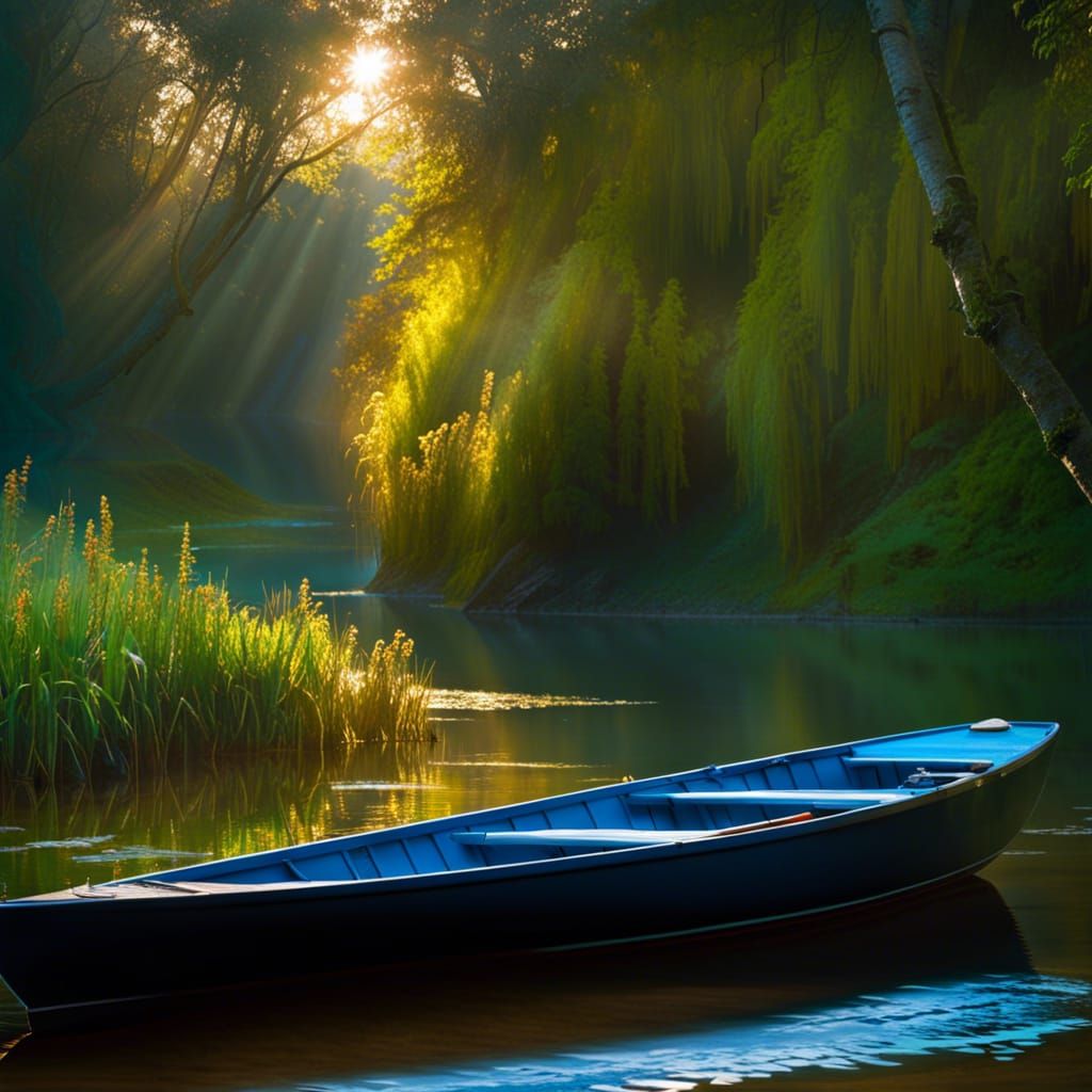 Blue Rowboat on Serene Nordic Lake in Hyperrealism