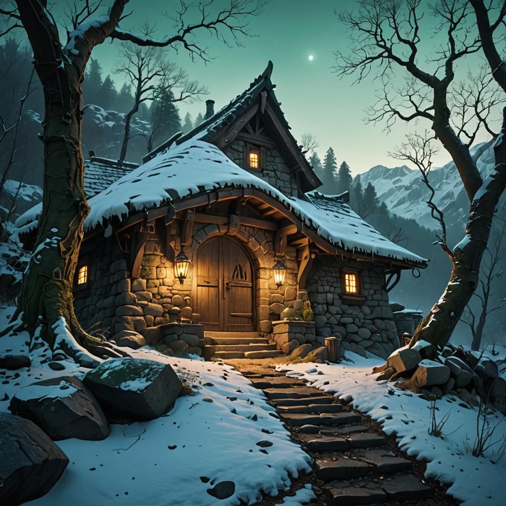 Mountain Survivalist Home with Lanterns: Matte Painting