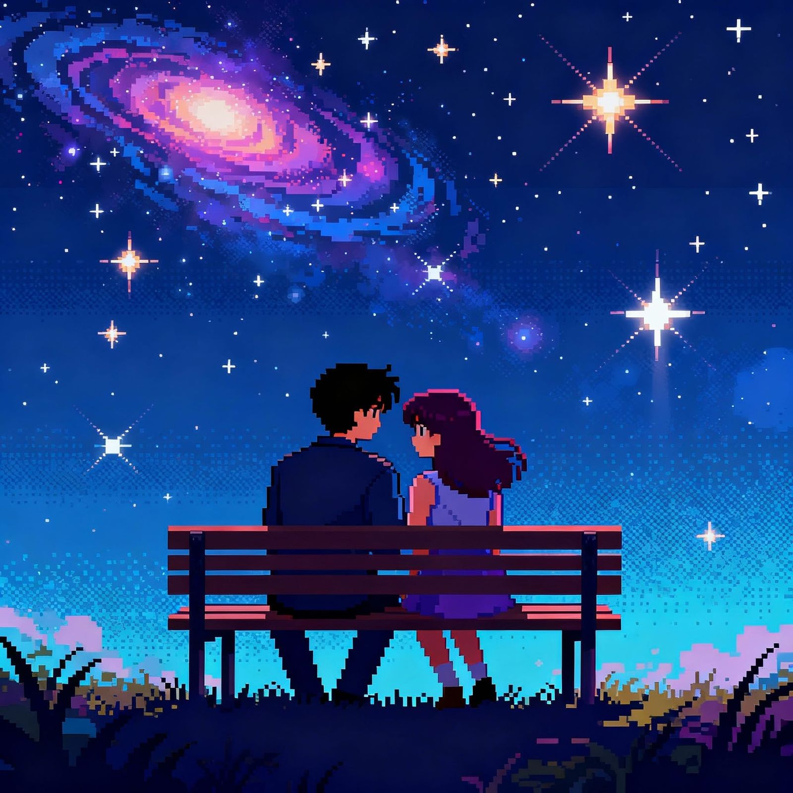 Retro Pixel Art Couple on Park Bench Under Cosmic Sky