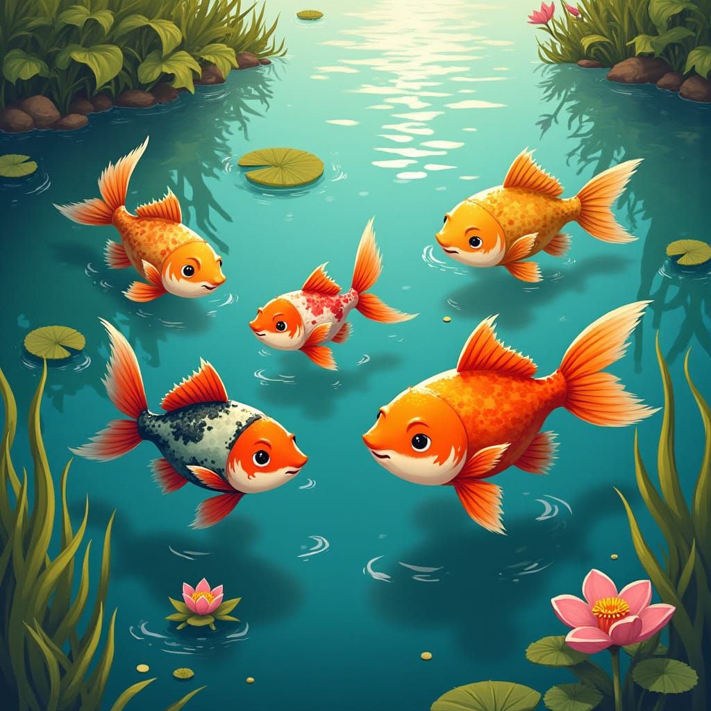 Anthropomorphic Fish Serenade in Pond, Whimsical Art