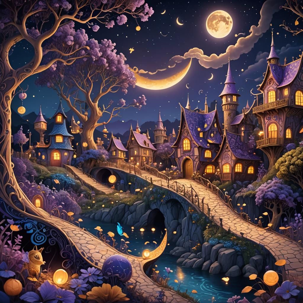 Whimsical Fantasy Scene with Moonlit Ghosts