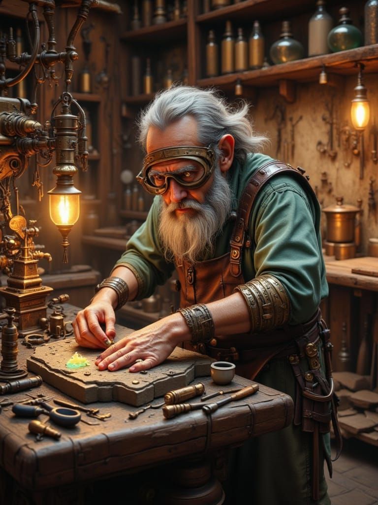 Wise Dwarf Craftsman Carving Runestone in Hyperrealistic Sty...