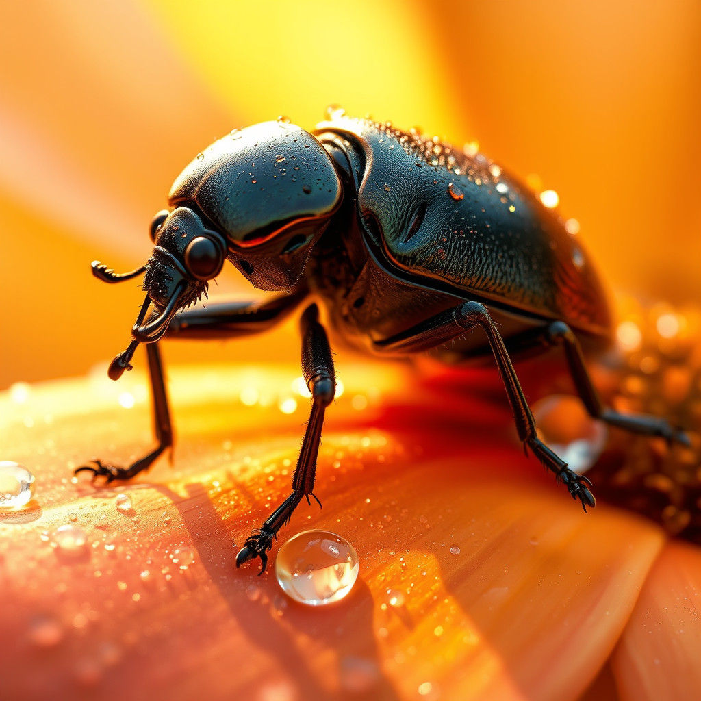 Hyper-Realistic Beetle on Dew-Kissed Flower Petal
