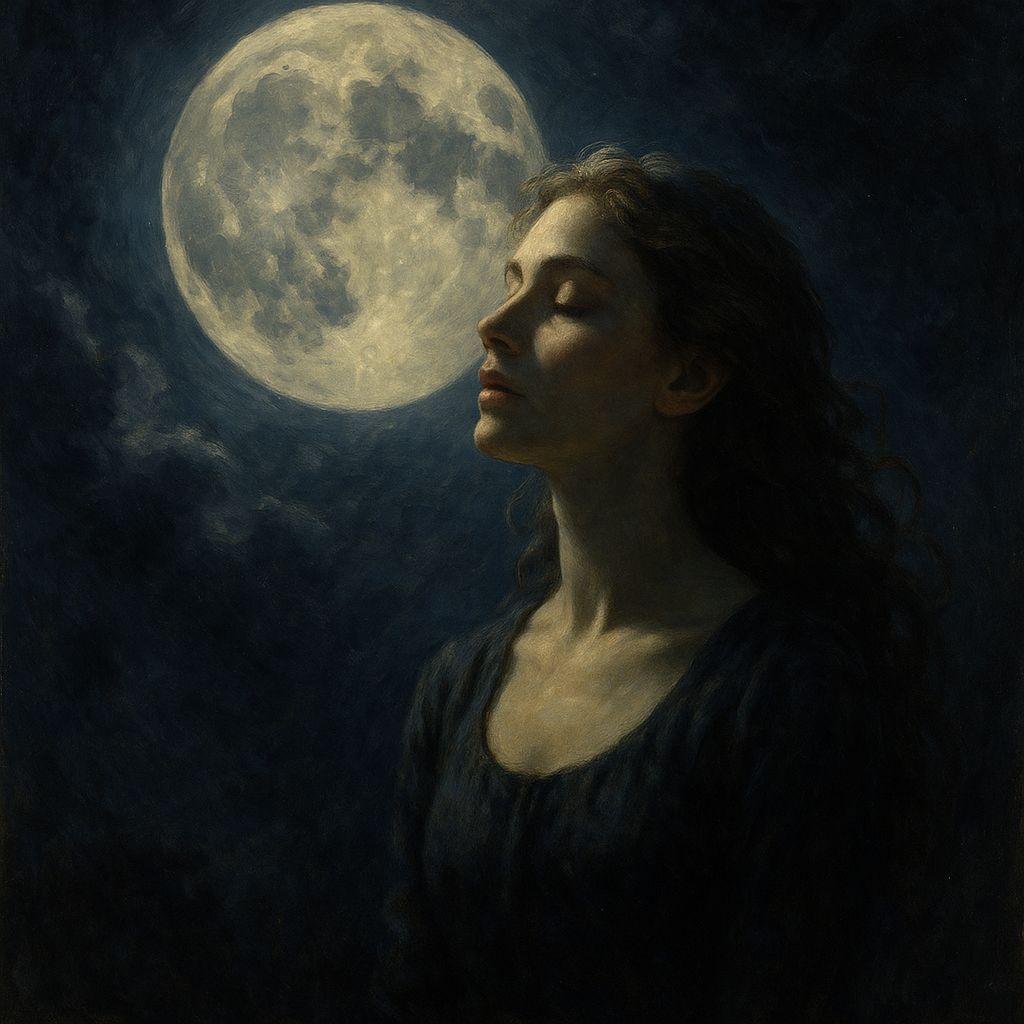 Woman Bathed in Moonlight Under Full Moon