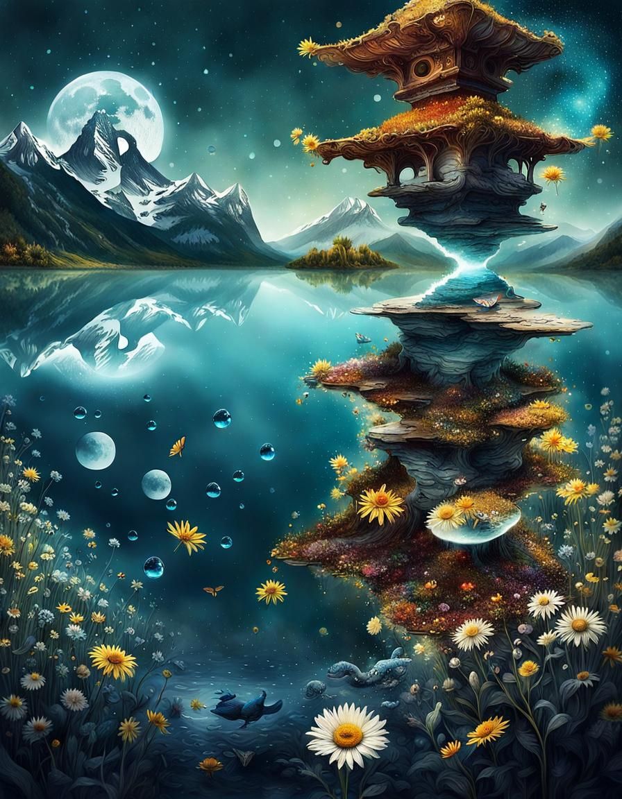 Surreal Yin Yang Landscape in Watercolor Style