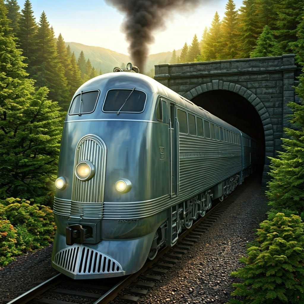 Art Deco Locomotive Emerges from Tunnel