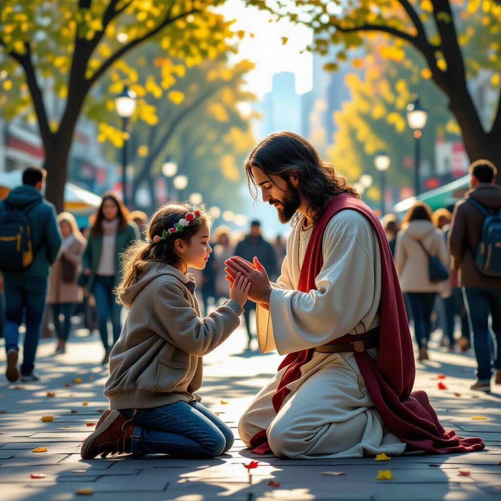 Jesus Praying in City Park: Compassionate Modern Scene