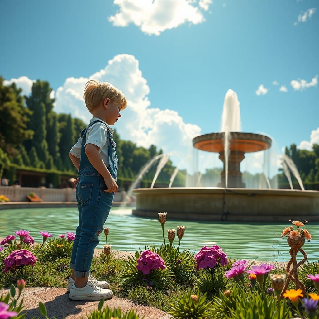 Boy in Overalls near Fountain, Hyperrealistic Fantasy Art