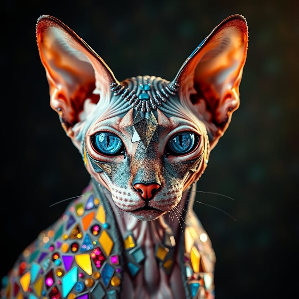 Gemstone Mosaic Sphynx Cat in Rococo Style