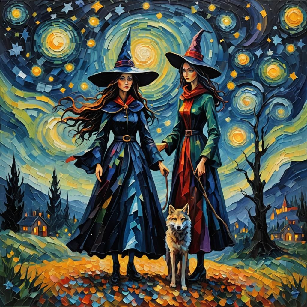 Witch and Wolf in Starry Night as Impasto Painting