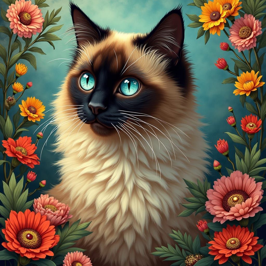 Siamese Cat Surrounded by Art Nouveau Flowers