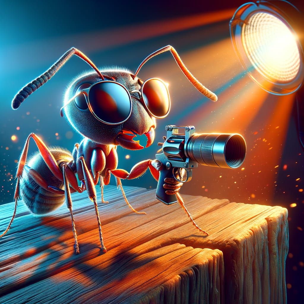 Hyperrealistic Ant with Gun in Sunglasses