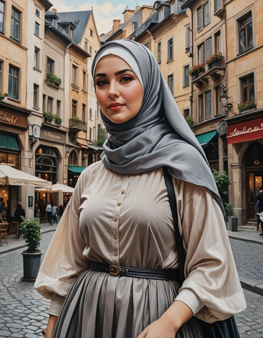 European Woman in Hijab: Oil Painting Portrait