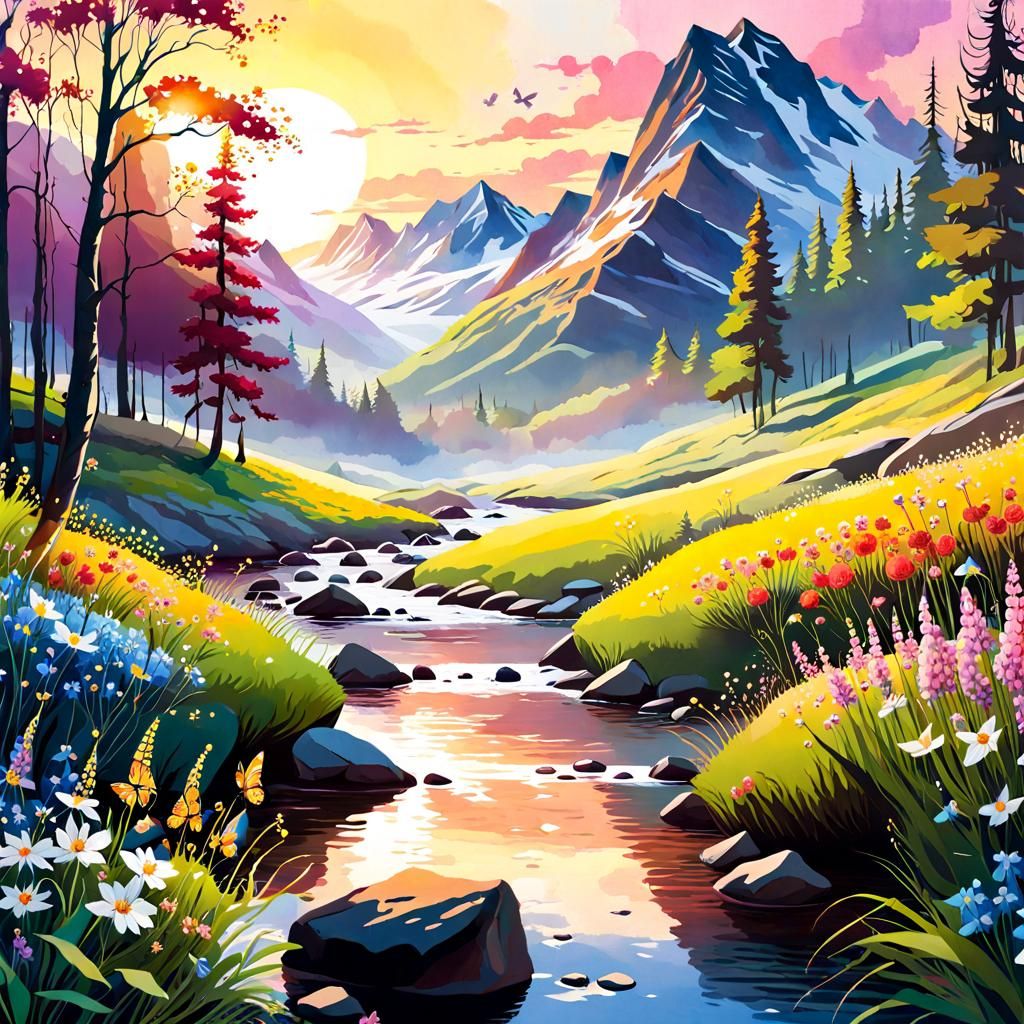 Golden Hour Fantasy Landscape in Watercolor Style