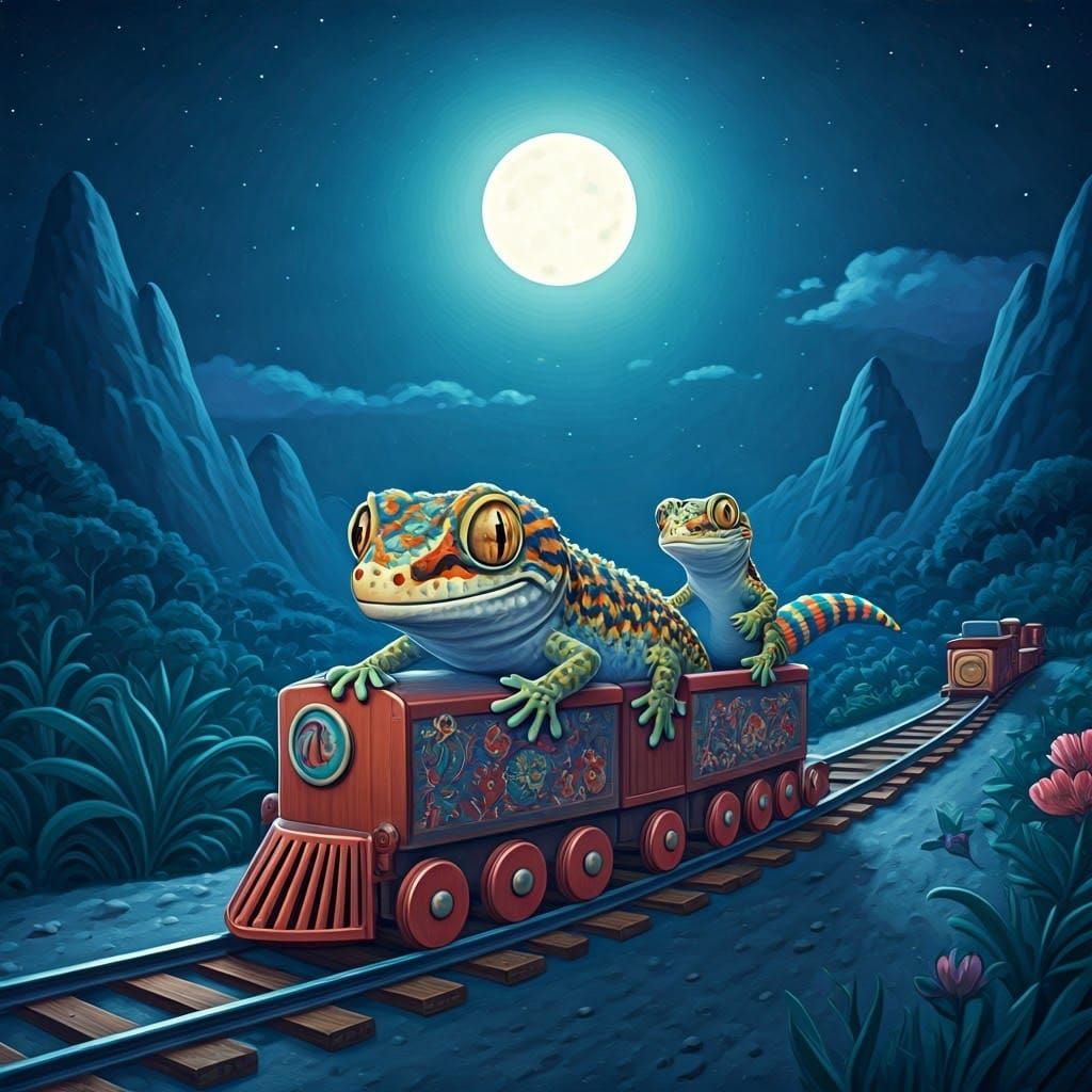 Whimsical Storybook Geckos Drive Toy Train Under Moonlit Nig...