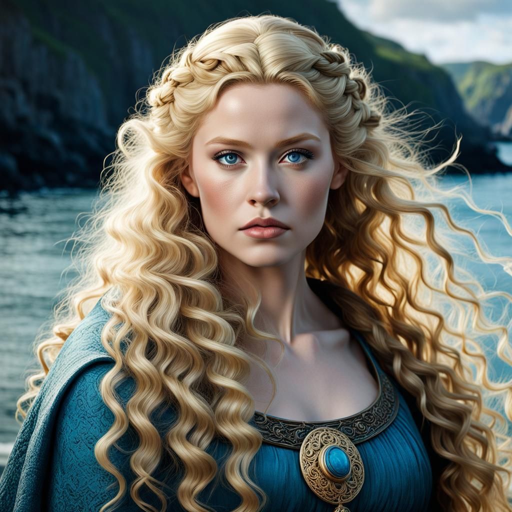 Viking Woman Portrait with Golden Hair in Hyperrealism