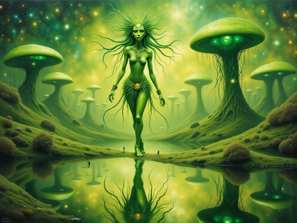 Ethereal Green Goddess Walks on Shimmering Pond