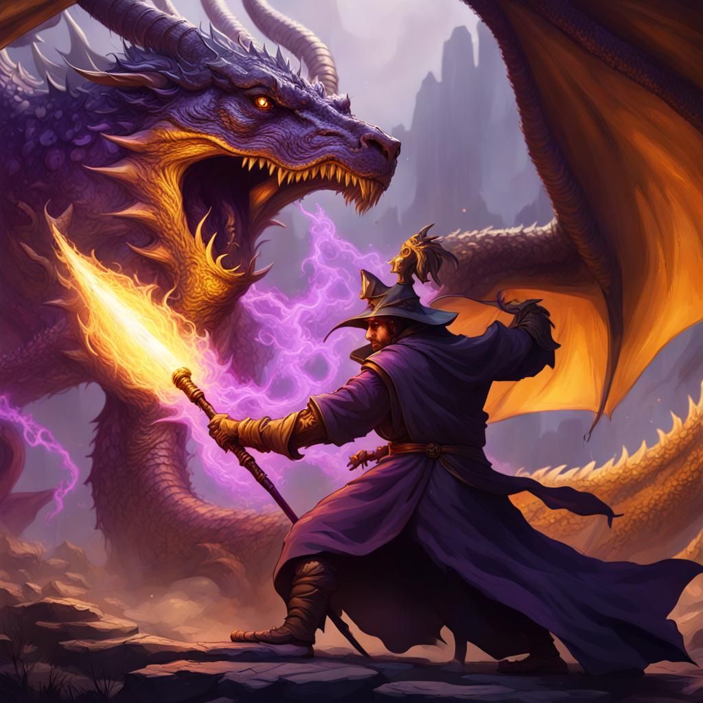 Wizard and Dragon Battle: Dark Fantasy Art