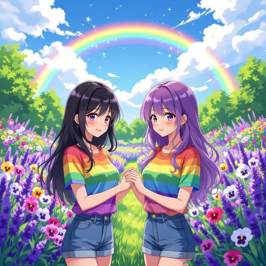 Women Holding Hands in Lavender Garden Under Rainbow