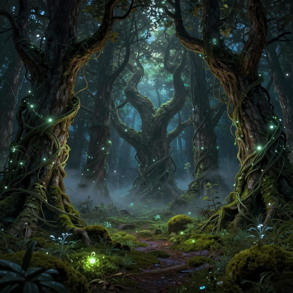 Mystical Forest Clearing at Twilight with Ethereal Vines