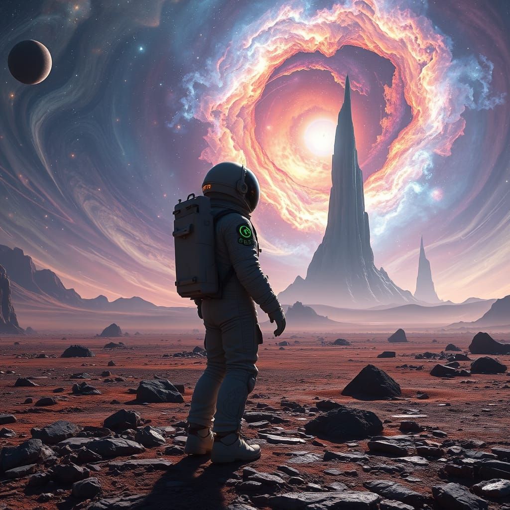 Astronaut on Alien Planet with Nebulae Sky