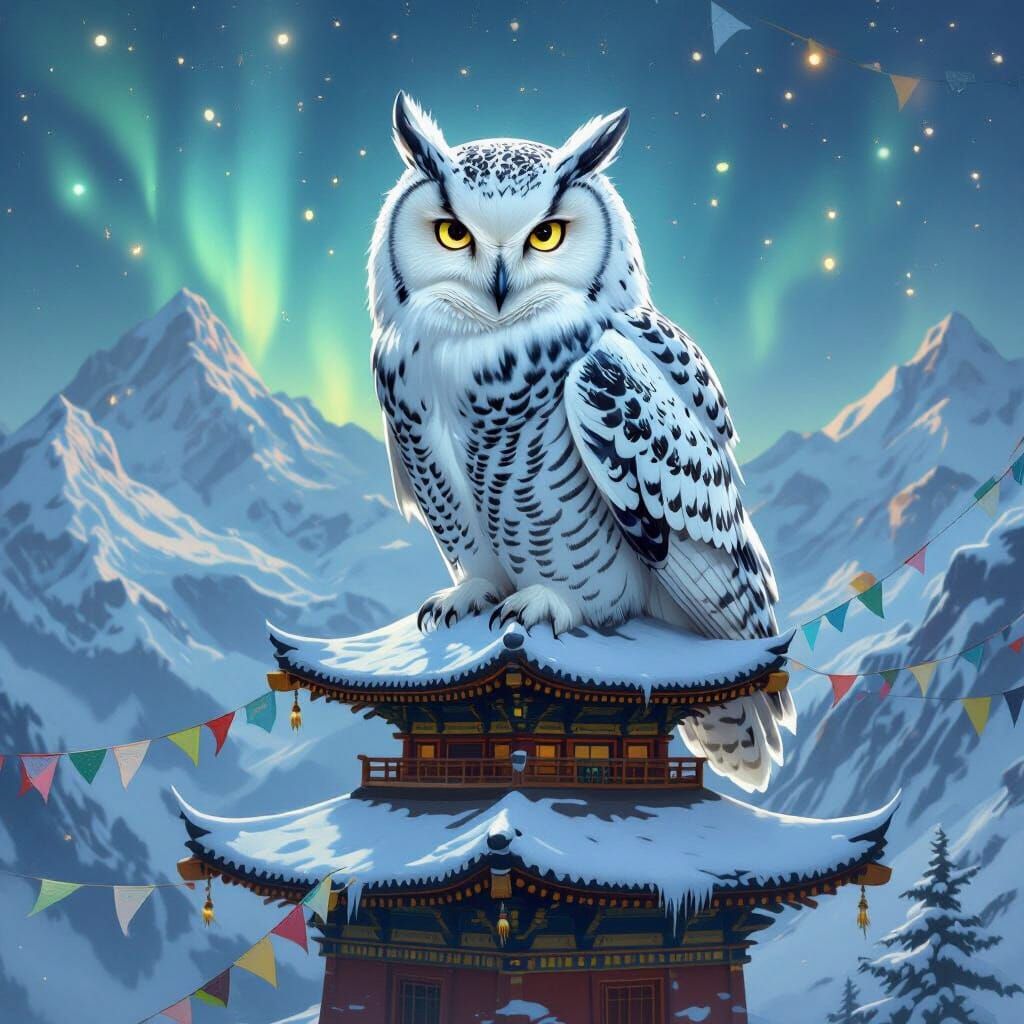 Snow Owl on Tibetan Pagoda, Art Nouveau Style